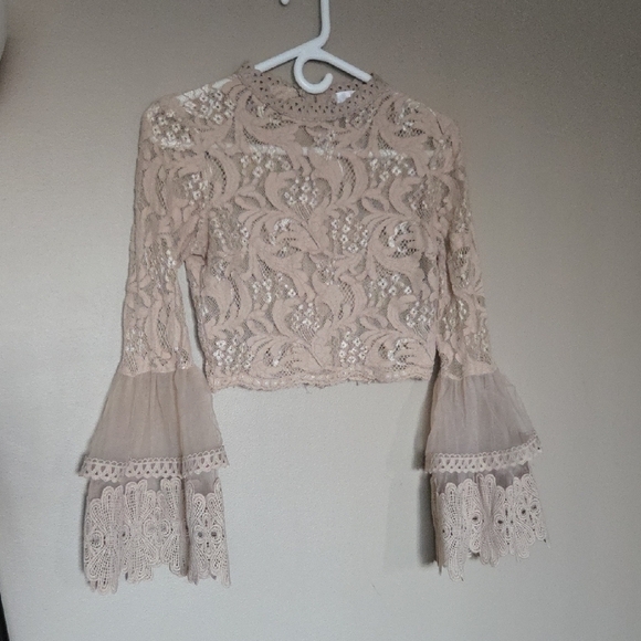 Revamped Beige Lace Embellished Crop Blouse with Bell Sleeves Size S - Picture 1 of 5